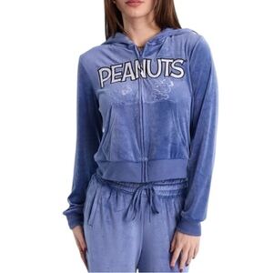 Peanuts Snoopy Charlie Brown Velour Soft Cropped Zip Up Hoodie Sweater Blue
